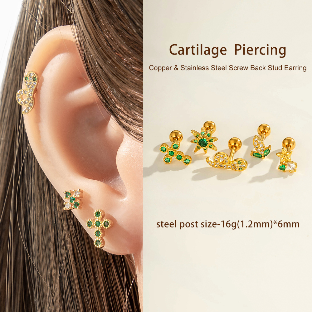 Boucles D'Oreilles Piercing Femme En Forme De Serpent, Zircon Vert, Couleur Cuivre Et Or Image5
