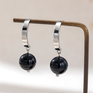 Boucles D'Oreilles Pendantes Minimalistes Pour Femme, En Acier Inoxydable, Couleur Or, Avec Agate Noire Et Étanches (1 Paire). h5 Image4