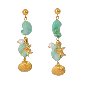 Boucles D'Oreilles Pour Femme En Acier Inoxydable Imperméable, Ornées De Perles, Motif Coquillage Et Étoile De Mer h5 Image5
