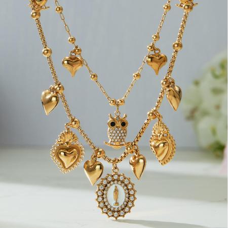 Collier pendentif rétro Madonna en acier inoxydable, couleur or, avec zircon, pour femme (1 pièce)