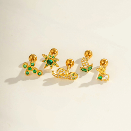 Boucles d'oreilles piercing femme en forme de serpent, zircon vert, couleur cuivre et or
