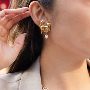 Boucles D'Oreilles Pendantes Pour Femme, En Acier Inoxydable Doré, Imperméables Et Anti-Ternissement, Ornées D'Un Motif De Chat En Zircon. h5 Image4
