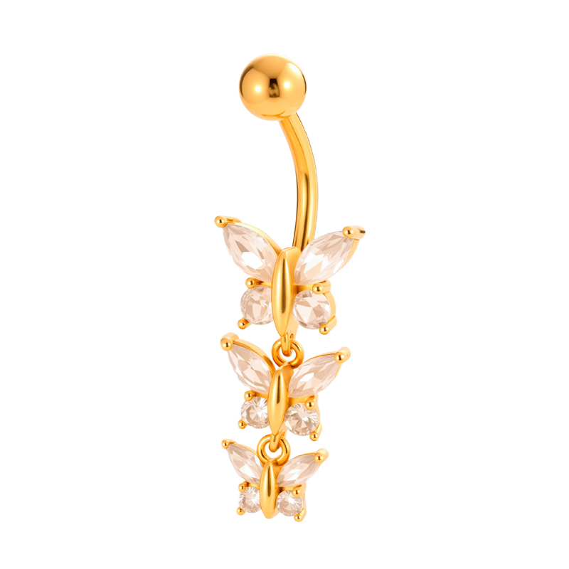 Piercing Nombril En Zircon Couleur Cuivre Doré Avec Croix Et Papillon En Forme De Fleur Brillante h5Image6