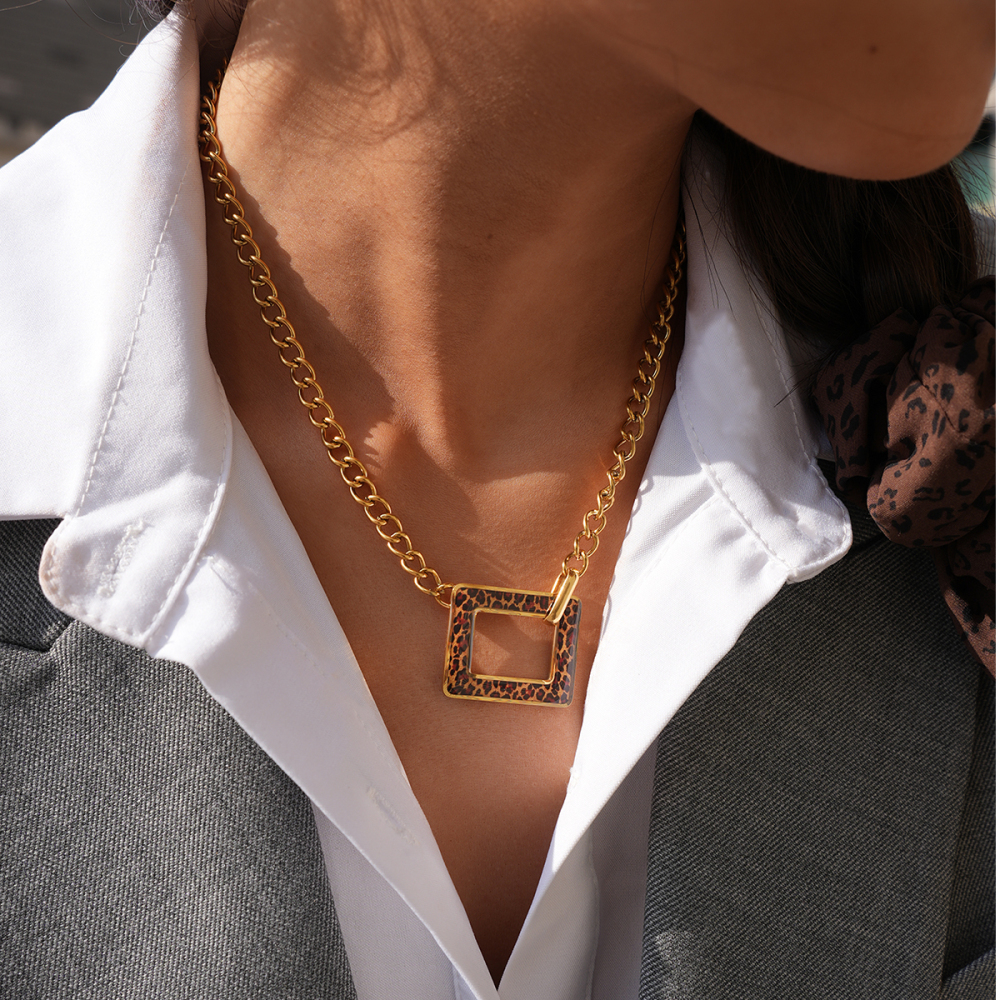 Collier Pendentif Rectangulaire Rétro Imprimé Léopard En Acier Inoxydable Couleur Or (1 Pièce) Image4
