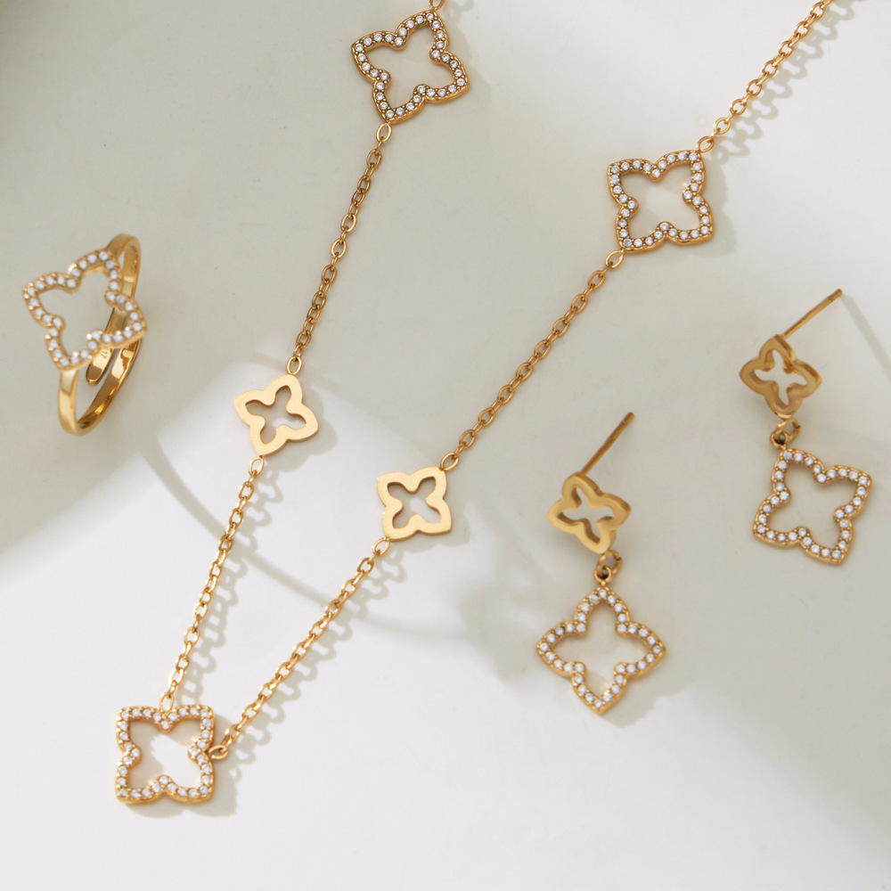 Ensembles De Bijoux Pour Femmes Shining Clover En Acier Inoxydable Étanche Couleur Or Et Zircon Image4
