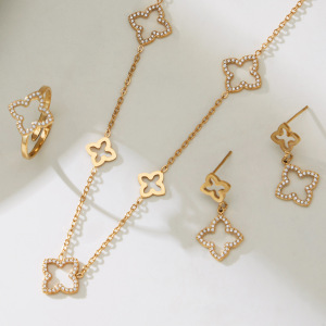 Ensembles De Bijoux Pour Femmes Shining Clover En Acier Inoxydable Étanche Couleur Or Et Zircon h5 Image4