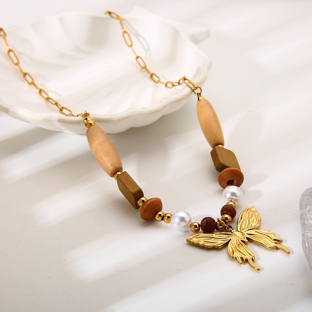 Colliers Pendentifs Pour Femmes En Perles De Bois Papillon, Acier Inoxydable, Étanches Et Anti-Ternissement, Couleur Or Image3