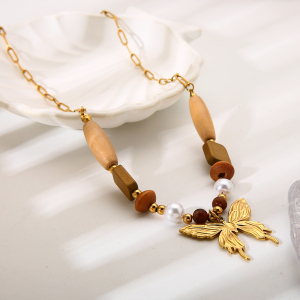 Colliers Pendentifs Pour Femmes En Perles De Bois Papillon, Acier Inoxydable, Étanches Et Anti-Ternissement, Couleur Or h5 Image3