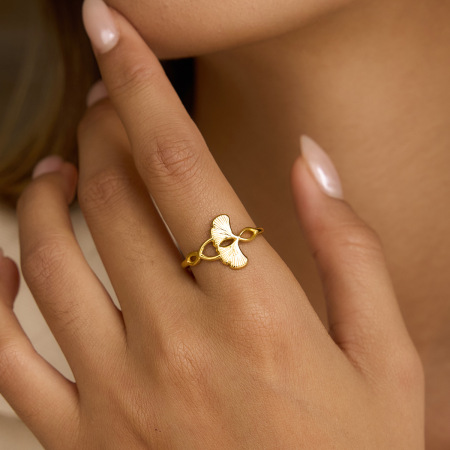 Bague simple en acier inoxydable doré, couleur feuille de ginkgo, étanche.