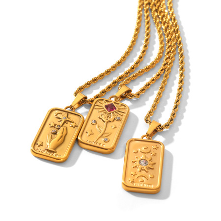 Collier pendentif Tarot en acier inoxydable étanche couleur or et zircon 2