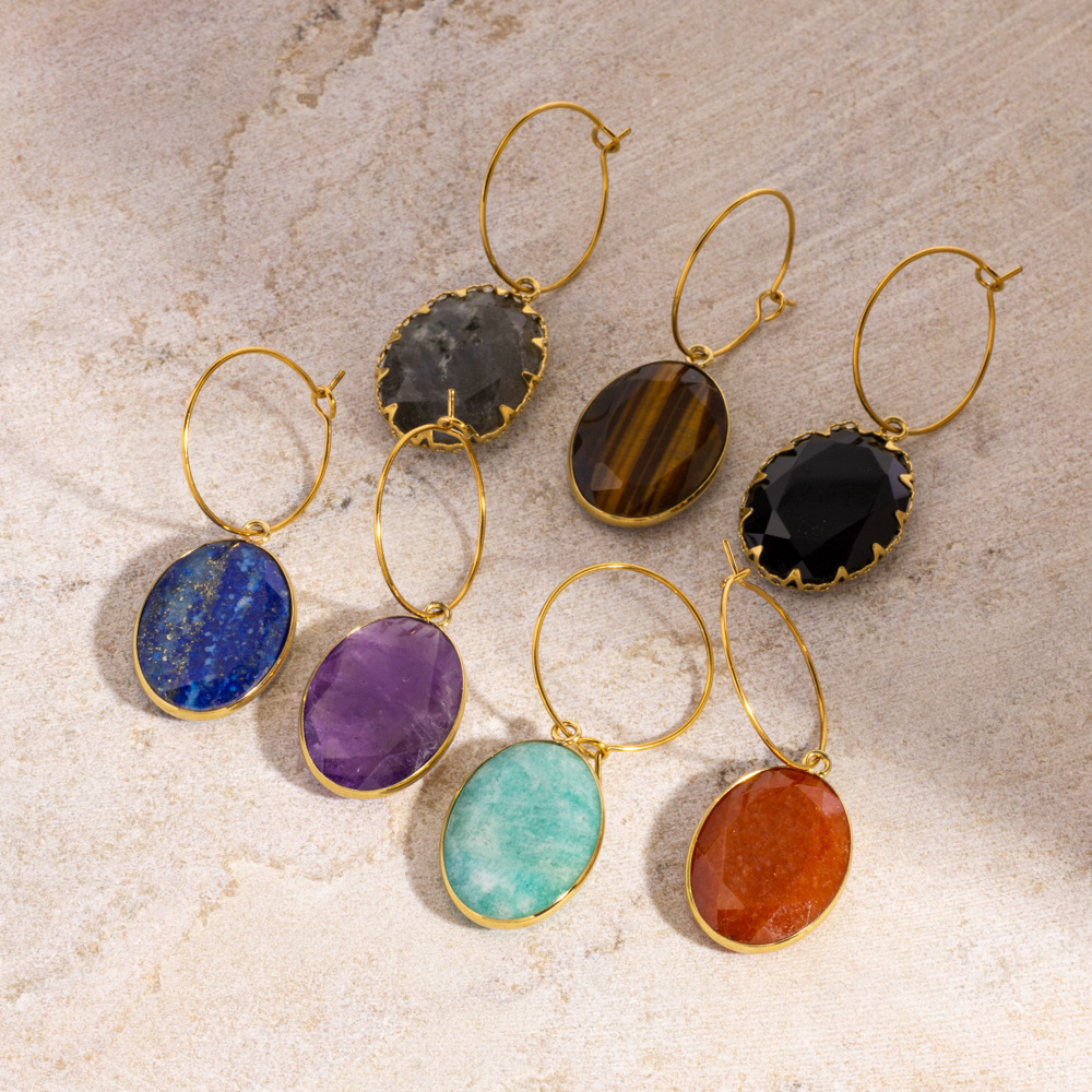 Boucles D'Oreilles Pendantes Pour Femmes, Style Ovale Classique, En Acier Inoxydable, Imperméables Et Anti-Ternissement, Couleur Or, Serties De Pierres Naturelles. Image3