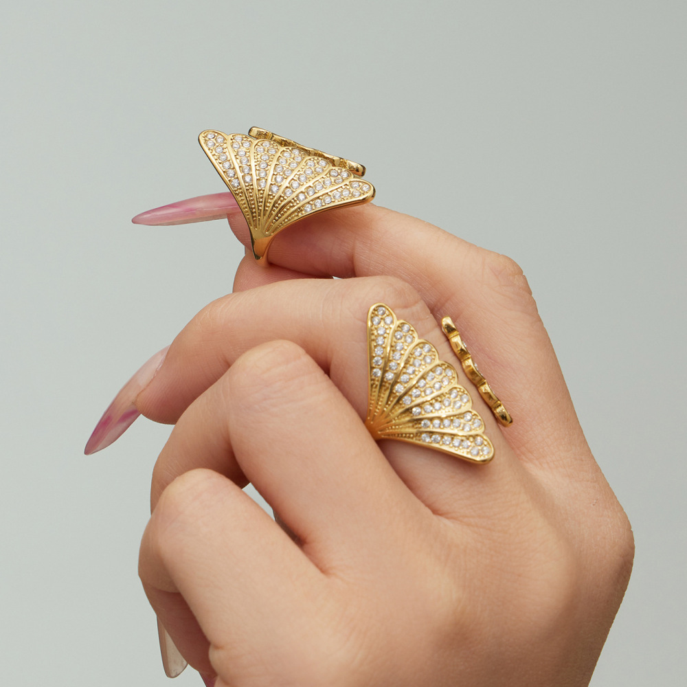 Bagues Pour Femmes En Acier Inoxydable Orné De Coquillages, Étanches Et Anti-Ternissement, Couleur Or, Serties De Zircon. Image6