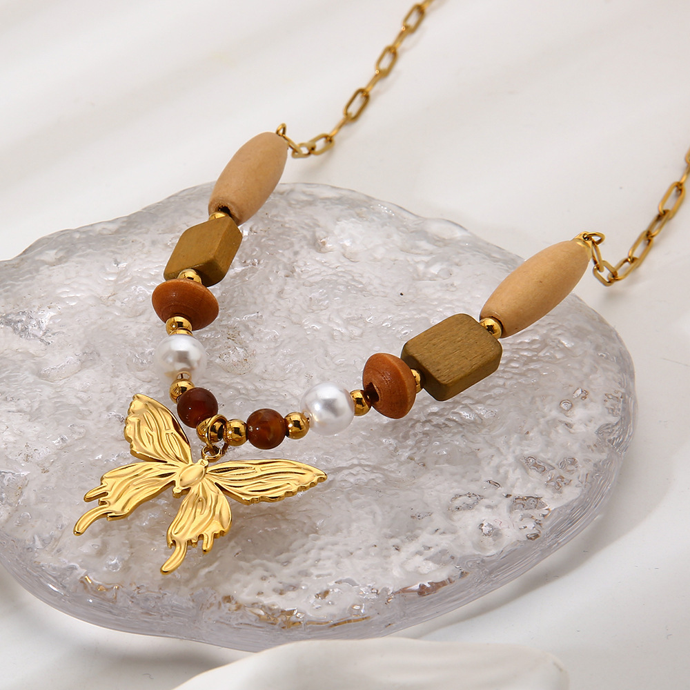 Colliers Pendentifs Pour Femmes En Perles De Bois Papillon, Acier Inoxydable, Étanches Et Anti-Ternissement, Couleur Or Image2