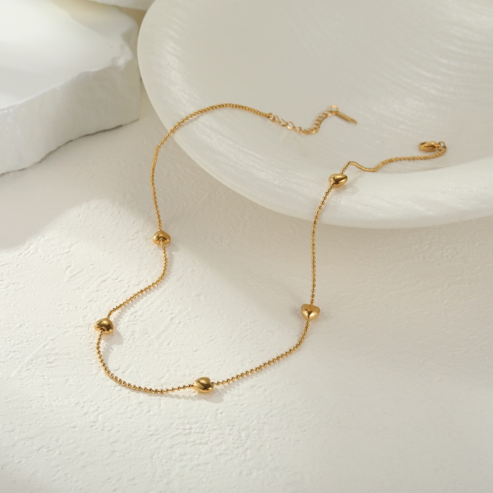 Collier Long Pour Femme, En Acier Inoxydable, Couleur Or, Avec Une Chaîne De Perles En Forme De Cœur Moderne, Imperméable Et Anti-Ternissement. Image3