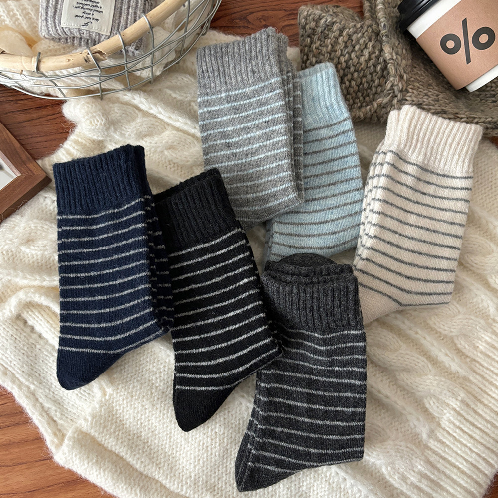 1 Paire De Chaussettes Mi-Mollet Rayées En Pur Coton Doux h5Image2