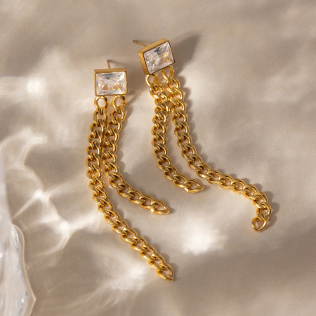 Boucles d'oreilles pendantes pour femme, luxueuses, en acier inoxydable doré, imperméables et anti-ternissement, ornées de pompons en zircon. 2