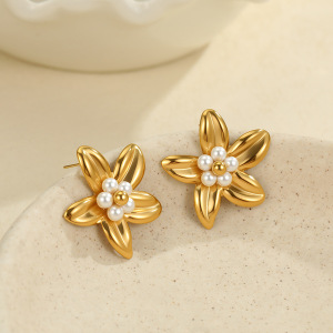 Boucles D'Oreilles Puces Pour Femmes, Luxueuses, En Acier Inoxydable Doré, Imperméables Et Anti-Ternissement, Avec Motif Floral Ajouré En Forme De Feuille. h5 Image3