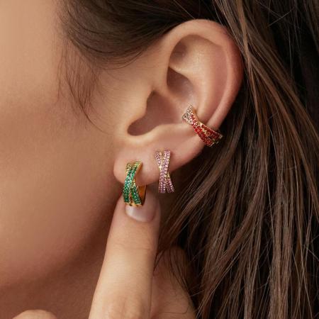 Boucles d'oreilles créoles pour femmes en acier inoxydable torsadé à dégradé de couleurs, étanches et anti-ternissement, couleur or, avec zircon.