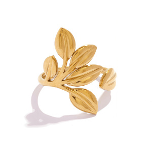 Bague Tendance En Acier Inoxydable Doré, Imperméable Et Anti-Ternissement, En Forme De Feuille Simple (1 Pièce). h5 