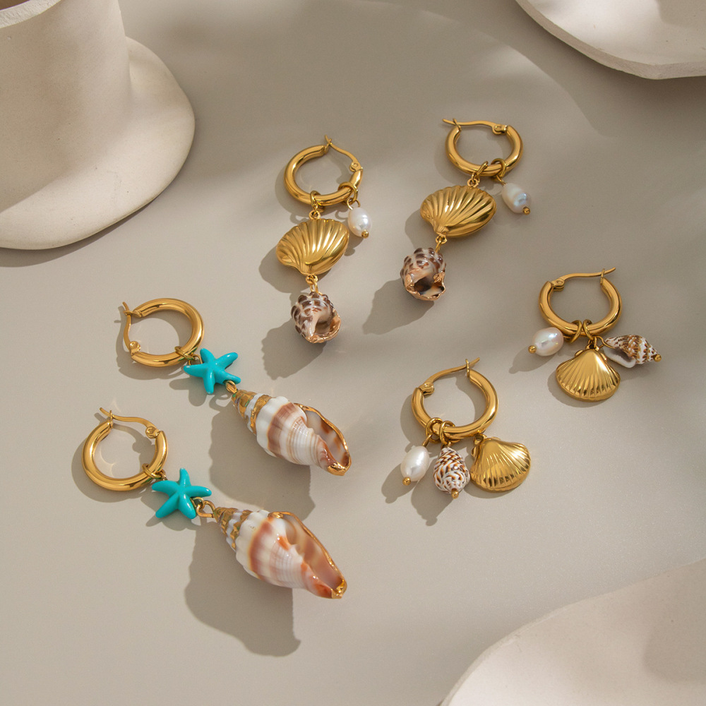 Boucles D'Oreilles Pendantes Pour Femme, Coquillage, Étoile De Mer, Acier Inoxydable, Imperméables, Perles Image3