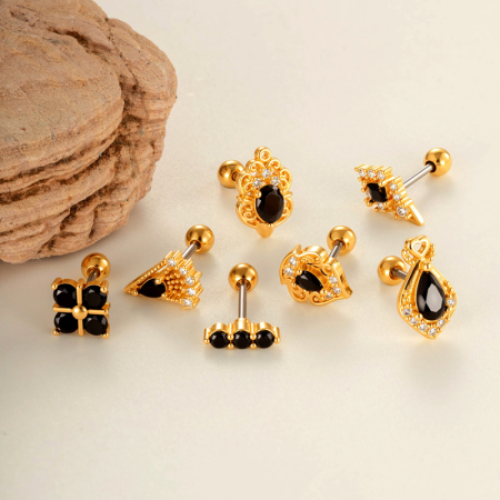 Boucles d'oreilles piercing pour femmes, en zircon noir, couleur cuivre doré, imperméables et anti-ternissement