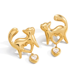Boucles D'Oreilles Pendantes Pour Femme, En Acier Inoxydable Doré, Imperméables Et Anti-Ternissement, Ornées D'Un Motif De Chat En Zircon. h5 