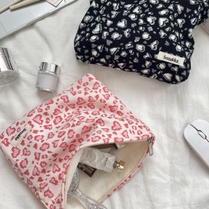 Trousse De Maquillage Femme En Velours Côtelé Imprimé Léopard Rétro h5 Image3