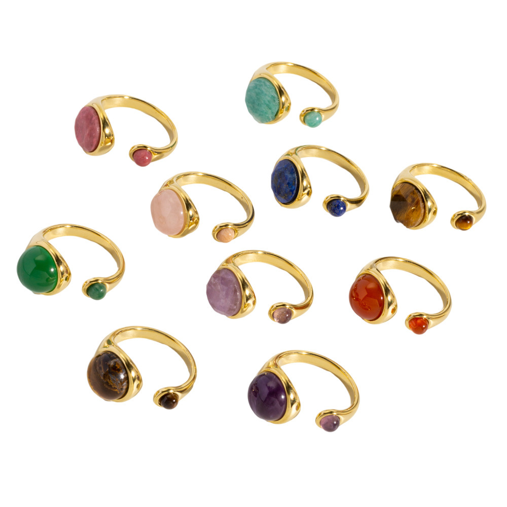 Bague Classique Ronde En Acier Inoxydable Avec Double Pierre Naturelle, Imperméable Et Anti-Ternissement, Couleur Or, Pour Femme. h5Image5