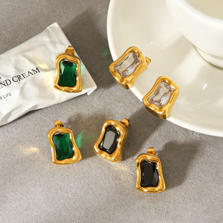 Boucles d'oreilles puces pour femmes, luxueuses, rectangulaires, en acier inoxydable, imperméables et anti-ternissement, couleur or, ornées de zircon.