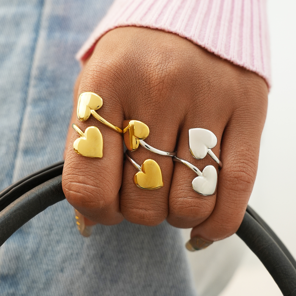 Bague Tendance Pour Femme, En Acier Inoxydable Doré, Avec Un Joli Cœur (1 Pièce). Image6