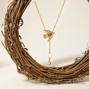 Collier Pendentif Élégant Pour Femme, En Acier Inoxydable Doré, Avec Oiseau En Pierre Naturelle, Étanche Et Anti-Ternissement. h5 Image6