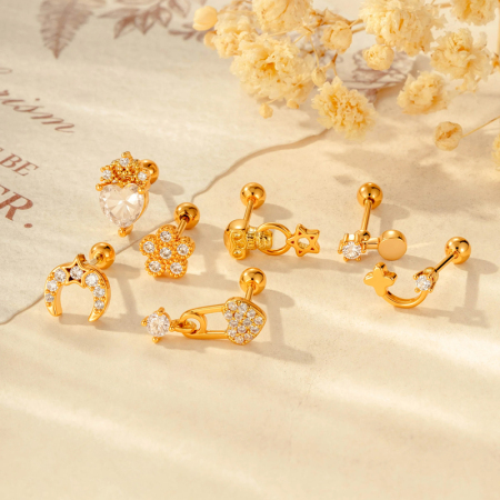 Boucles d'oreilles piercing femme Shining Moon couleur cuivre doré avec zircon