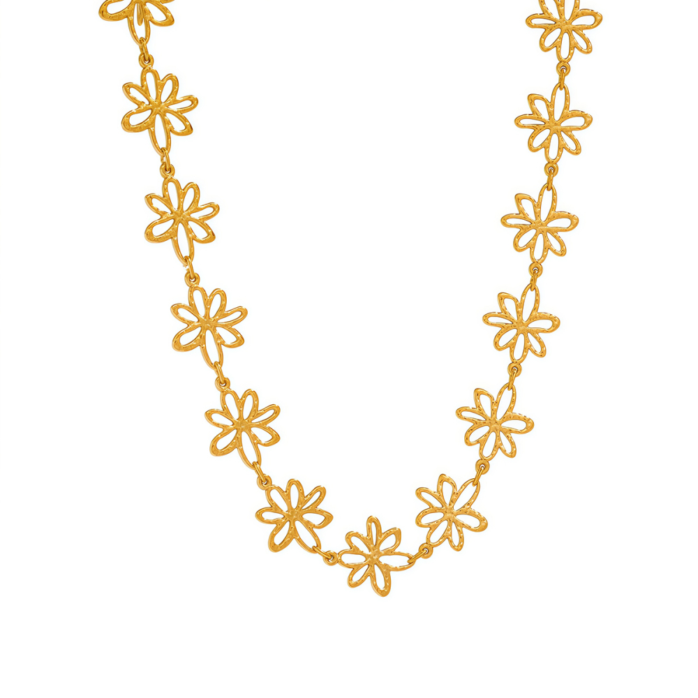 Ensembles De Colliers Pour Femmes En Acier Inoxydable Martelé À Motif Floral, Imperméables Et Anti-Ternissement, Couleur Or