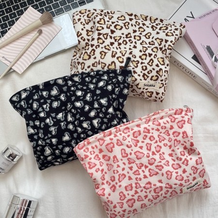 Trousse de maquillage femme en velours côtelé imprimé léopard rétro