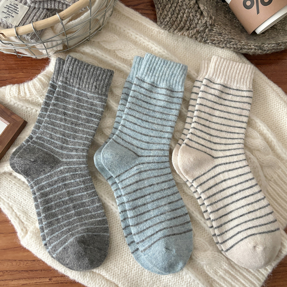 1 Paire De Chaussettes Mi-Mollet Rayées En Pur Coton Doux h5Image3