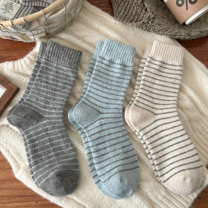 1 Paire De Chaussettes Mi-Mollet Rayées En Pur Coton Doux h5 Image3