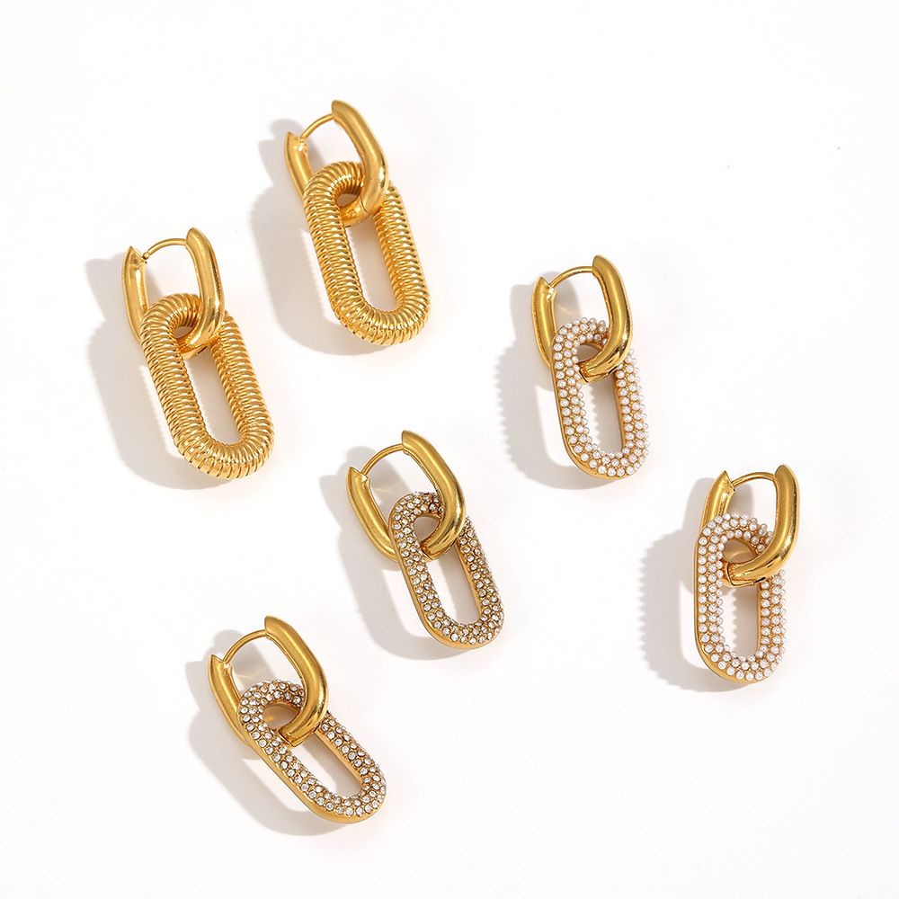 Boucles D'Oreilles Créoles Double Anneau En Acier Inoxydable Étanche Couleur Or Avec Strass Pour Femmes h5Image3