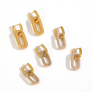 Boucles D'Oreilles Créoles Double Anneau En Acier Inoxydable Étanche Couleur Or Avec Strass Pour Femmes h5 Image3