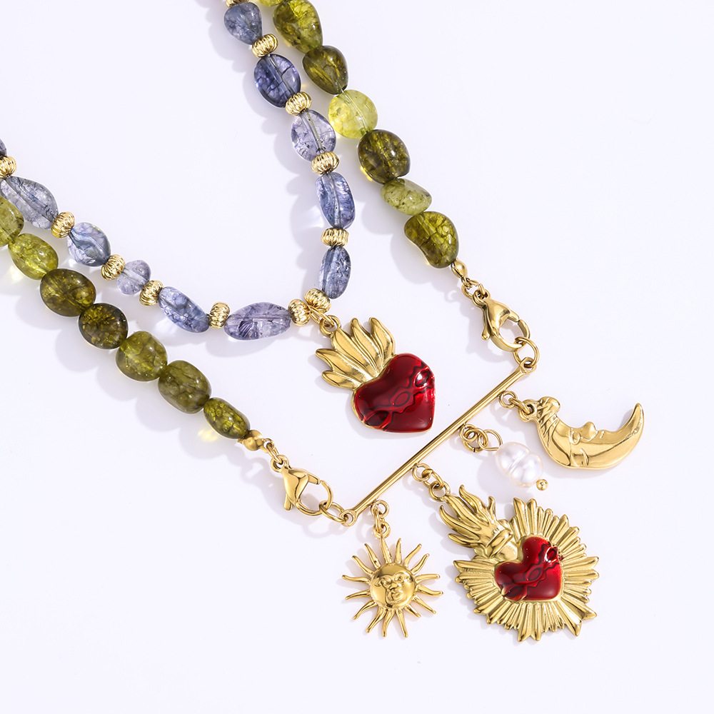 Colliers De Perles Pour Femmes En Forme De Cœur, Ornés De Pierres Naturelles À Surface Texturée Et Couleur Or Image5