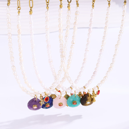 Colliers de perles vintage œil de diable en acier titane couleur or et pierre naturelle pour femmes