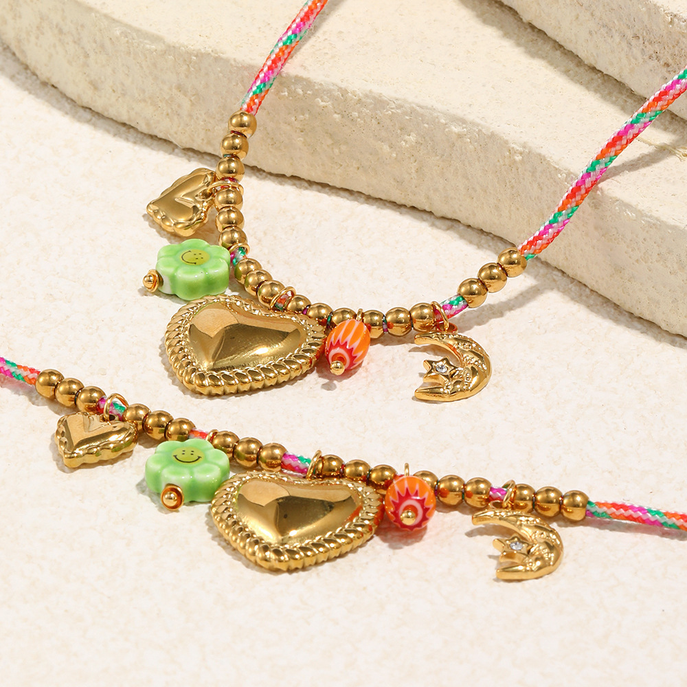 Collier En Acier Inoxydable Imperméable Avec Pendentif Cœur Et Cordon En Coton Coloré Image3
