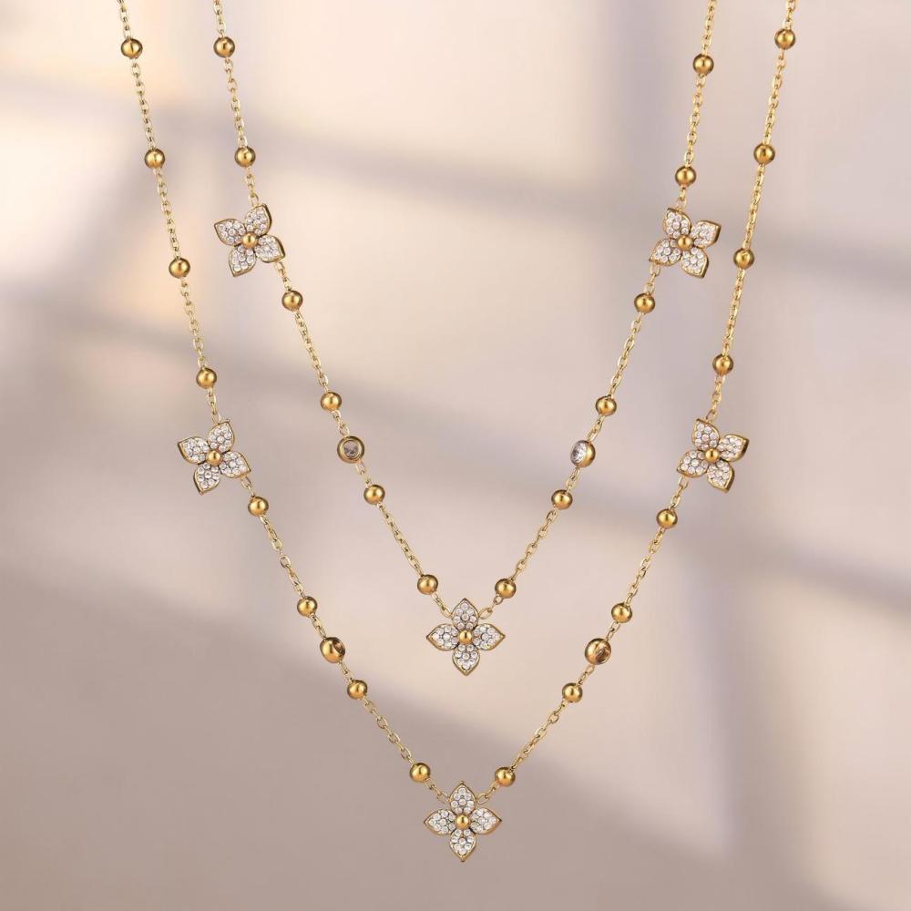 Ensemble De Bijoux Pour Femmes Avec Chaîne En Zircon Brillant, Fleur, Acier Inoxydable Couleur Or, Imperméable Et Anti-Ternissement h5Image4