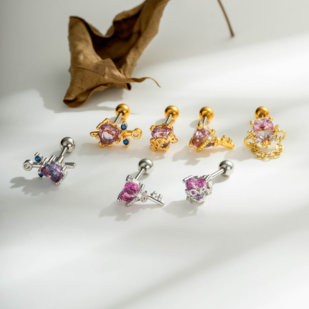 Boucles d'oreilles piercing femme en forme de cœur, zircon rose, couleur cuivre doré