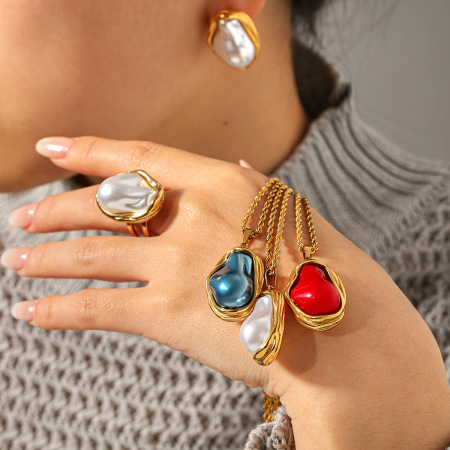 Ensemble collier et collier en acier inoxydable imperméable couleur or, forme goutte, perle
