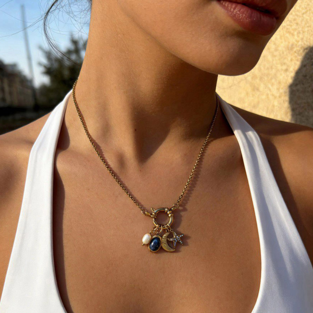 Collier En Acier Inoxydable Étanche Couleur Or Avec Pendentif Lune Et Pierre Naturelle Image3