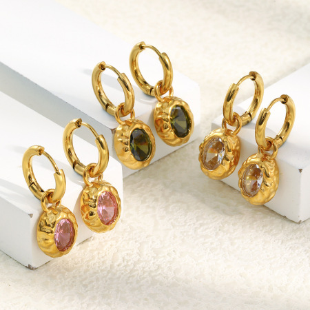 Boucles d'oreilles pendantes en acier inoxydable texturé, imperméables, avec zircon doré