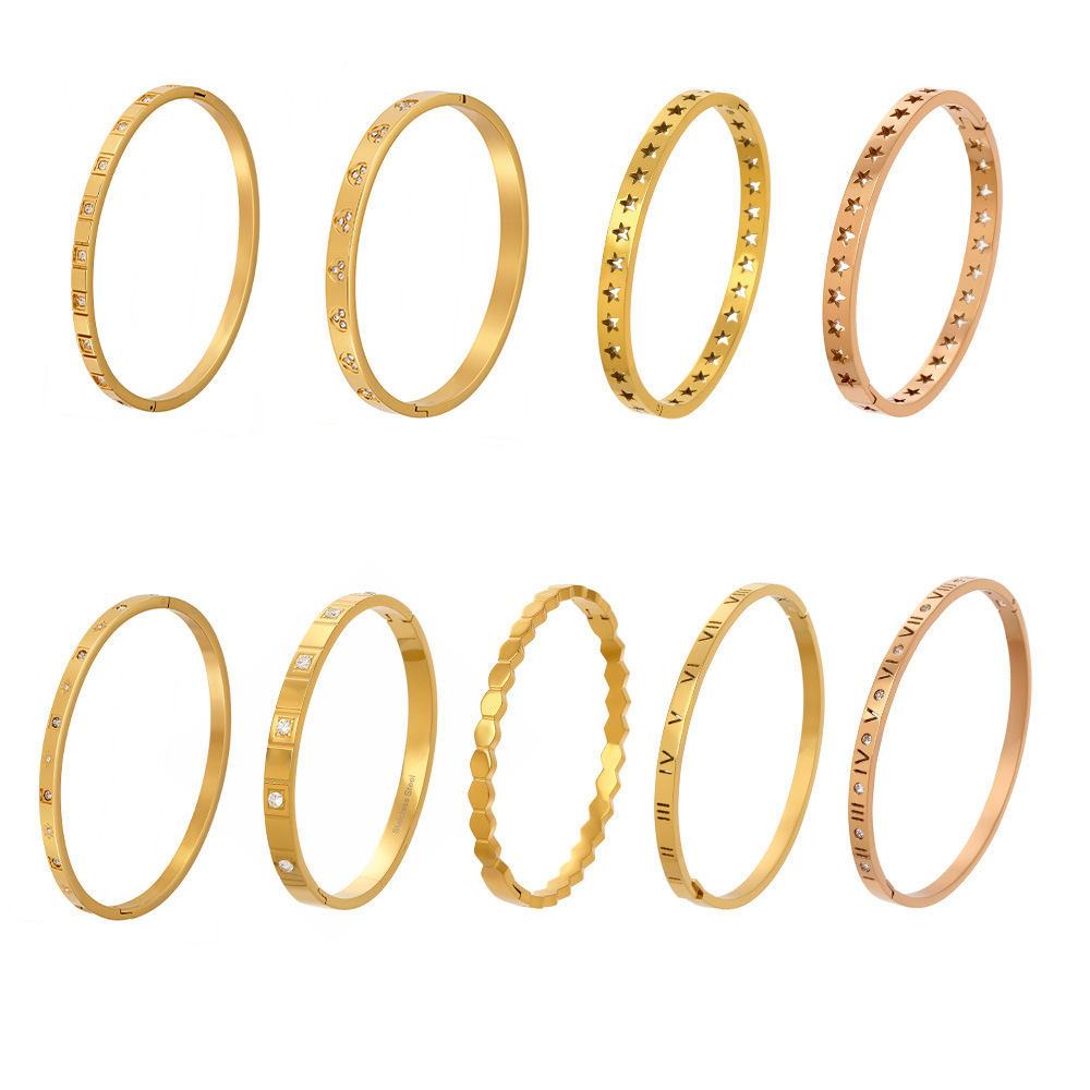 Bracelets Pour Femmes En Acier Inoxydable Rainuré, Imperméables Et Anti-Ternissement, Couleur Or, Ornés De Zircon. h5Image5