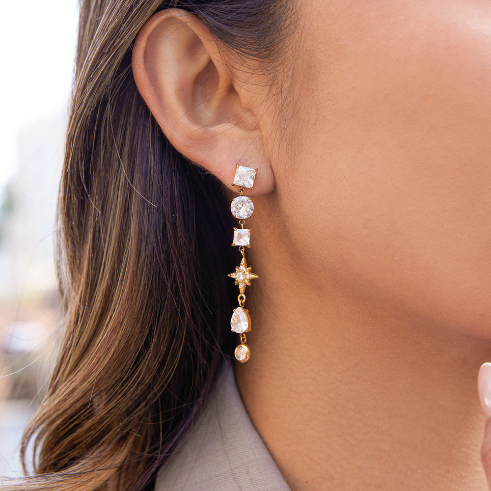 Boucles D'Oreilles De Soirée Pour Femmes, En Acier Inoxydable Doré, Imperméables Et Anti-Ternissement, Ornées De Zircon, Motif Étoile Géométrique Image3