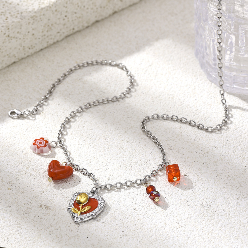 Collier Pendentif En Acier Inoxydable Étanche En Forme De Cœur Et De Fleur Rose, Couleurs Assorties Image3