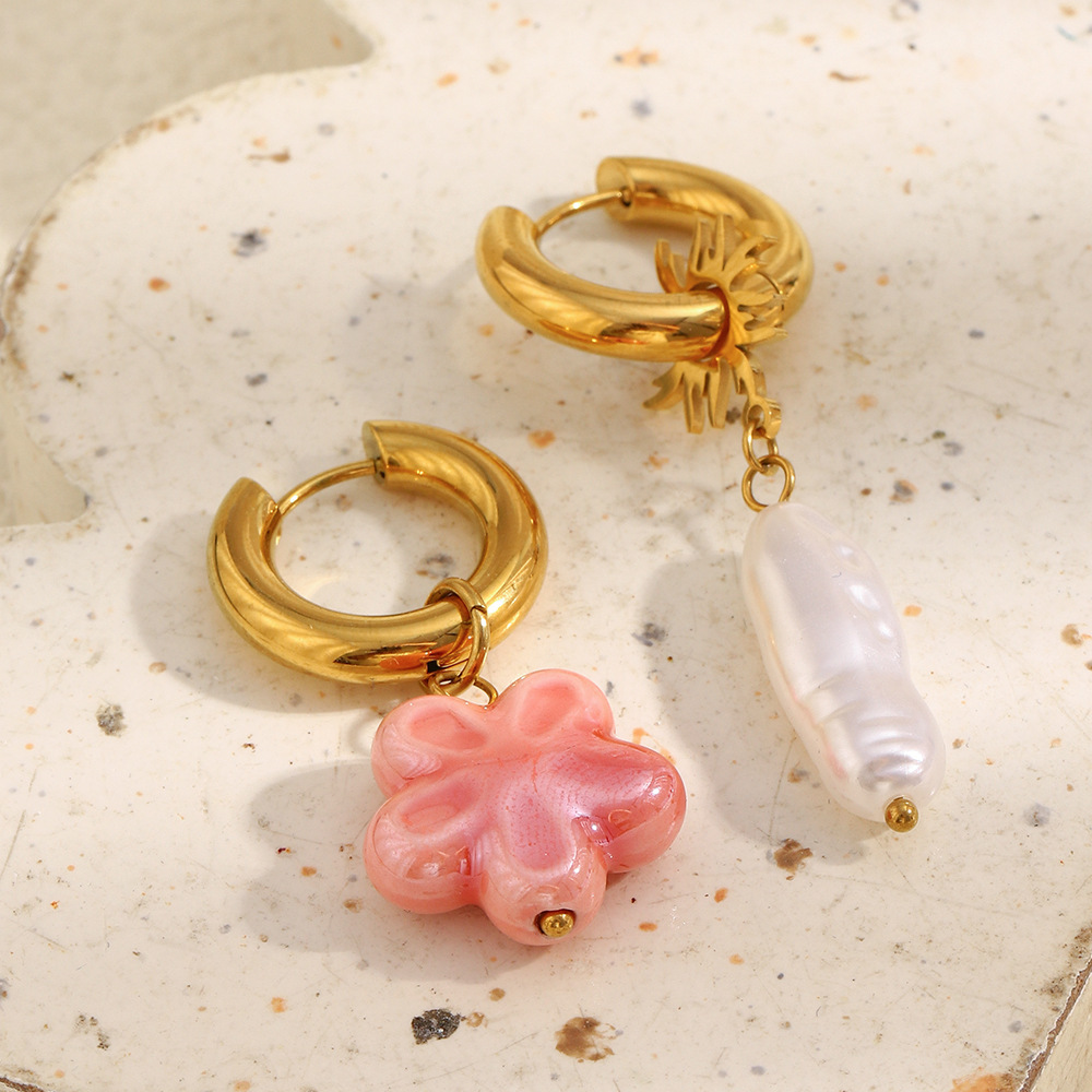 Boucles D'Oreilles Pendantes En Acier Inoxydable Imperméable Sweet Flower Avec Perles Image2